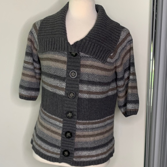 Old Navy sweater top bulky collar short sleeve 1.25” buttons down striped XL - Picture 1 of 14